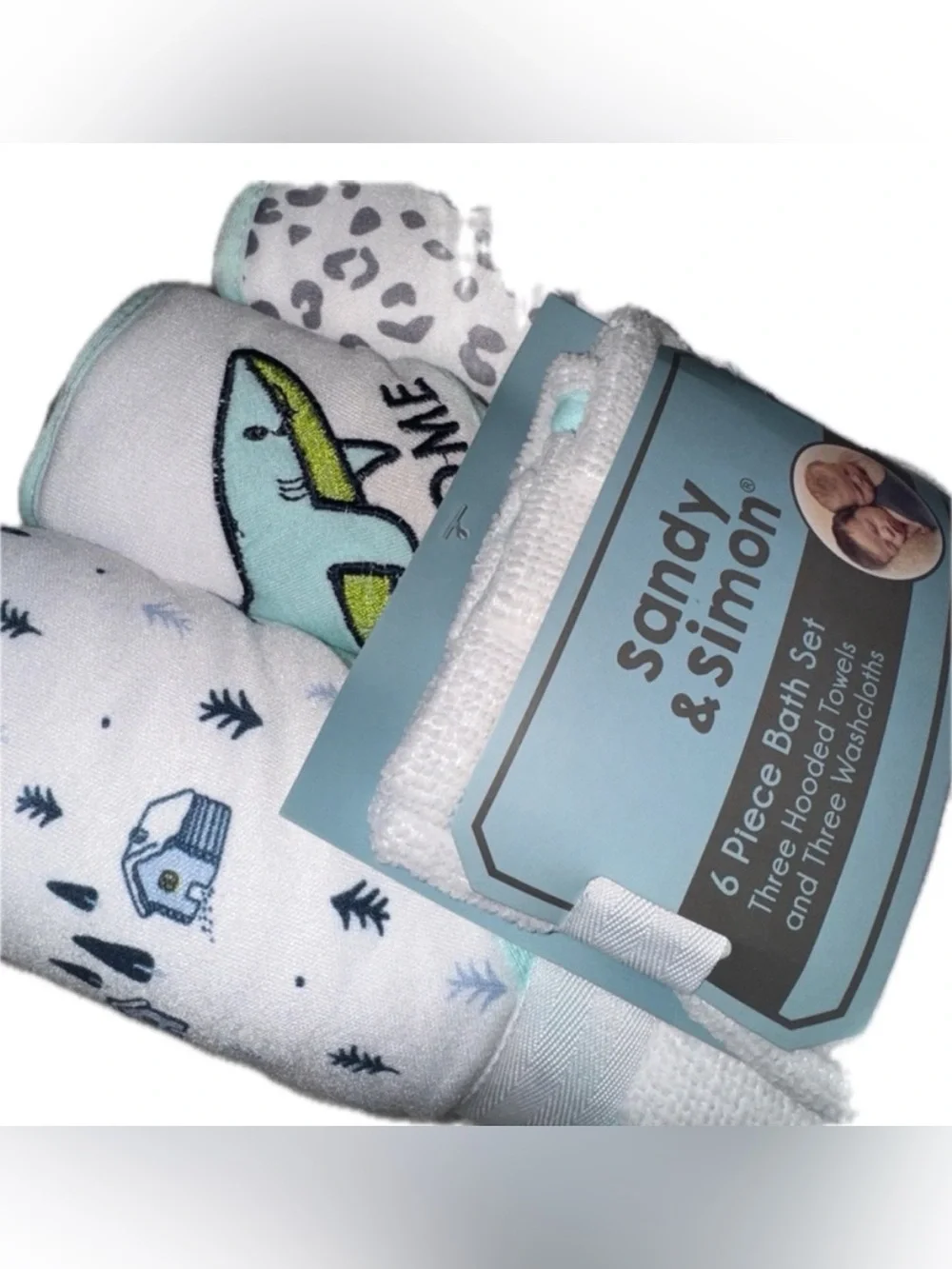 Baby Hooded Bath Towels Washcloths 6 Piece Set NWT Baby Sharks Unisex Boys Girls